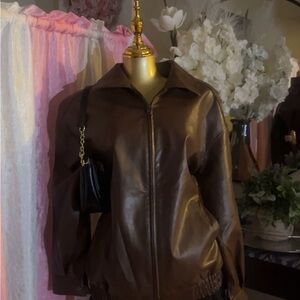 Brown Faux Leather Zip-Front Women's Jacket